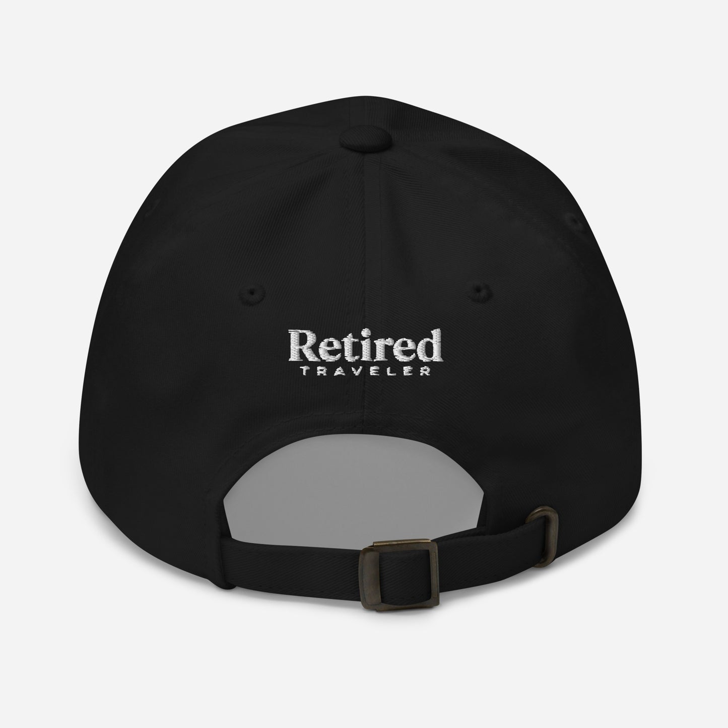 Black embroidered I’m Retired travel dad hat from Retired Traveler (Back)