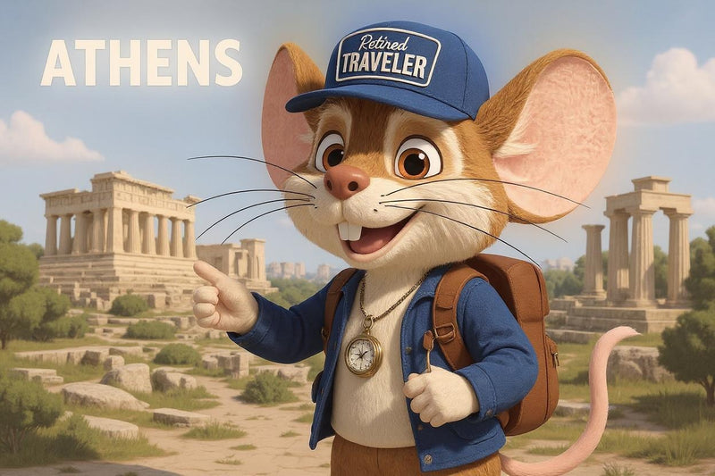 Scout the Travel Mouse in Athens, Greece (illustration) with ancient ruins in the background