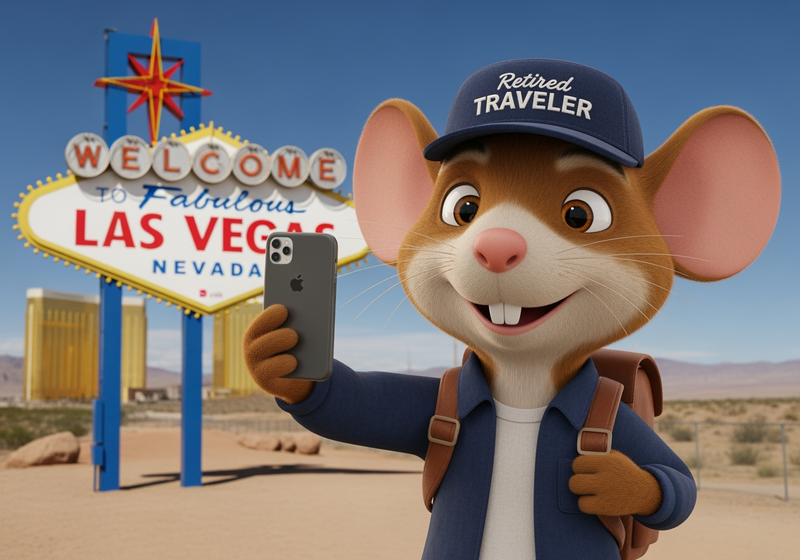 Scout the Travel Mouse in Las Vegas, Nevada (illustration) with the Strip, neon lights, and iconic casino landmarks in the background.