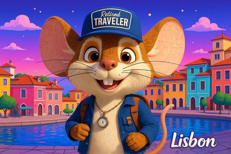 Scout the Travel Mouse in Lisbon, Portugal (illustration) with colorful buildings in the background