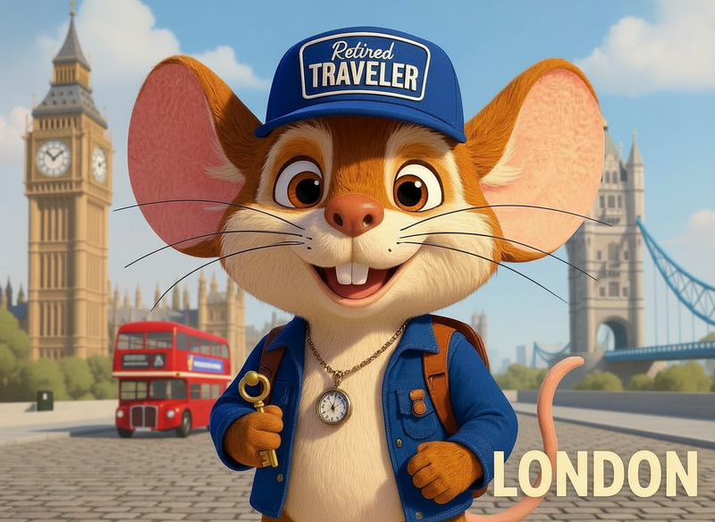 Scout the Travel Mouse in London, United Kingdom (illustration) with Big Ben and a red double-decker bus in the background