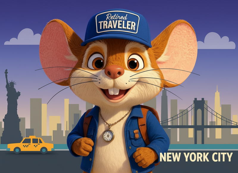 Scout the Travel Mouse in New York City, United States (illustration) with the skyline and Statue of Liberty in the background