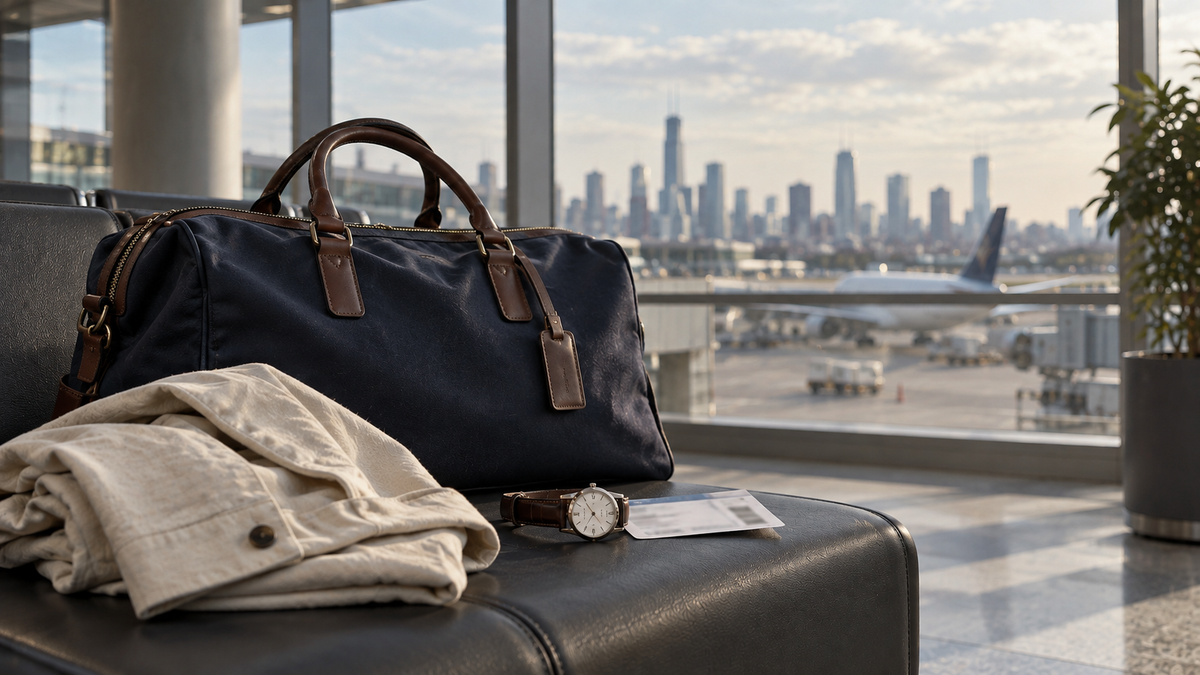 Navy overnight bag and cream jacket prepared for a short city getaway