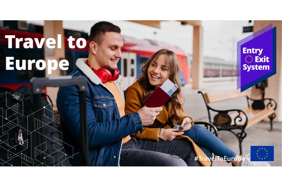 Travelers holding passports beside an official European Union Entry Exit System Travel to Europe sign