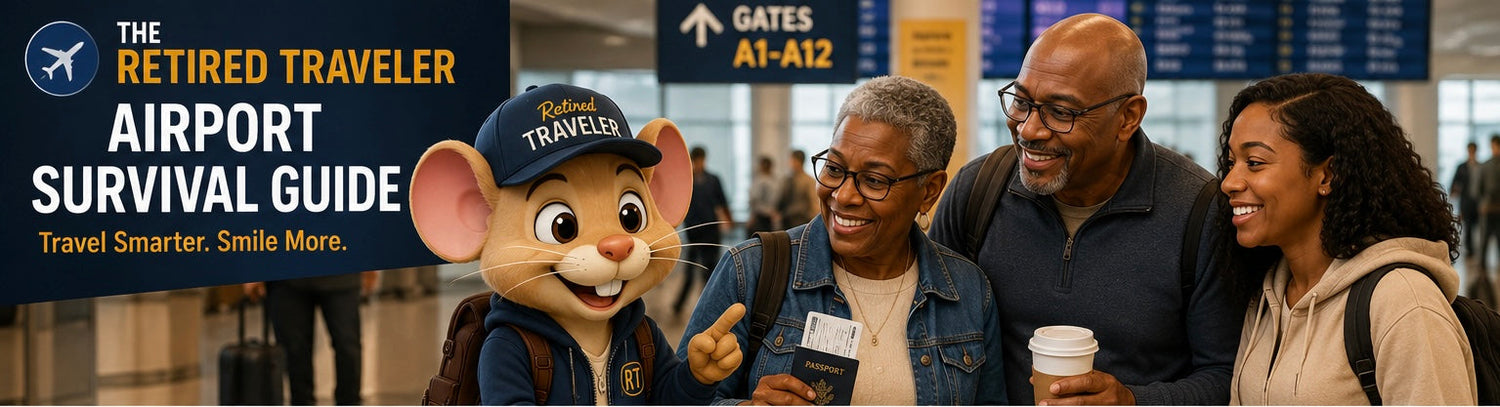 The Retired Traveler Airport Guide with Scout the Mouse and diverse travelers at the airport