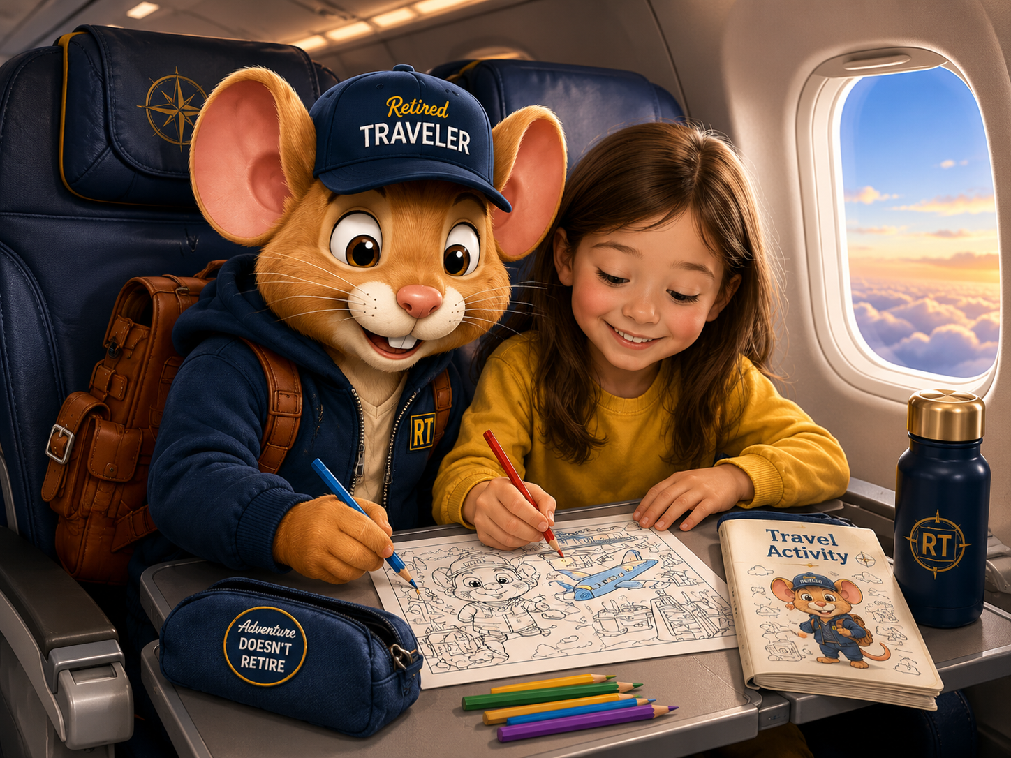 Scout and a child enjoying creative travel activities on an airplane