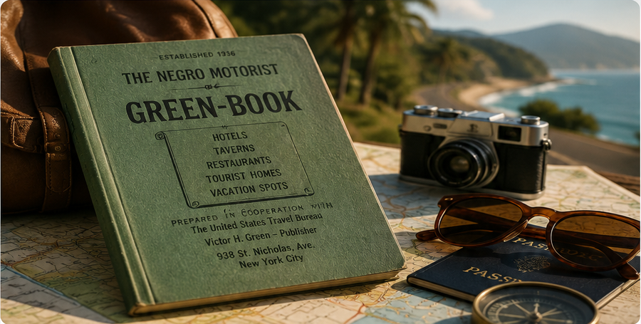 Editorial illustration inspired by Green Book-era Black travel history with a green travel guide, map, camera, passport, and coastal road