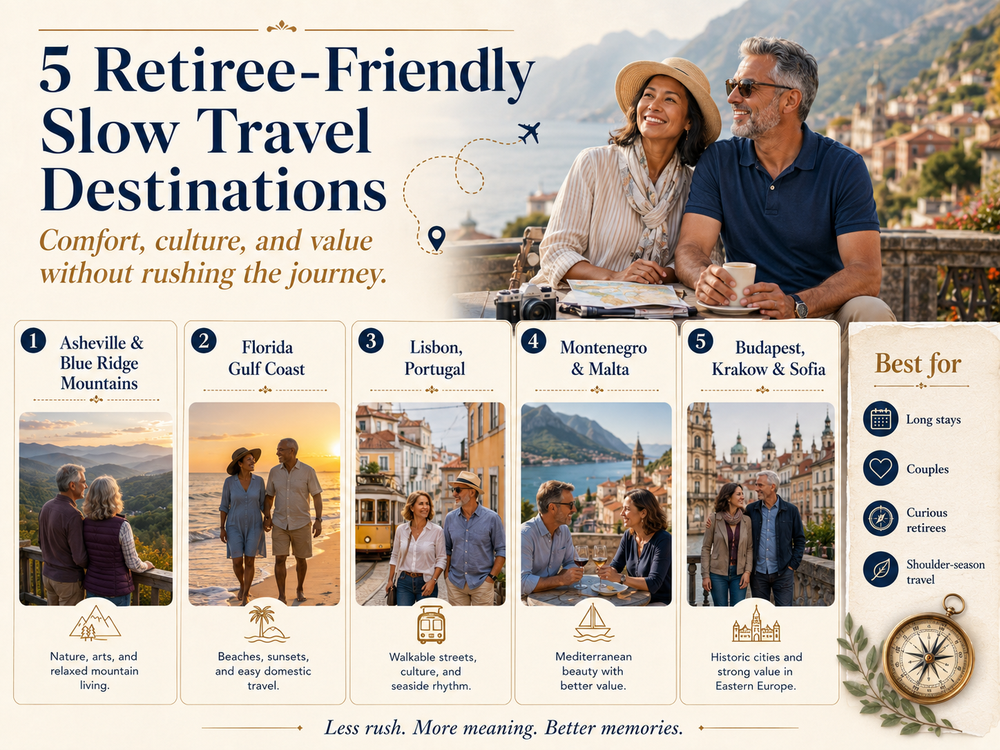 Infographic showing five retiree-friendly slow travel destinations with diverse mature travelers and destination highlights