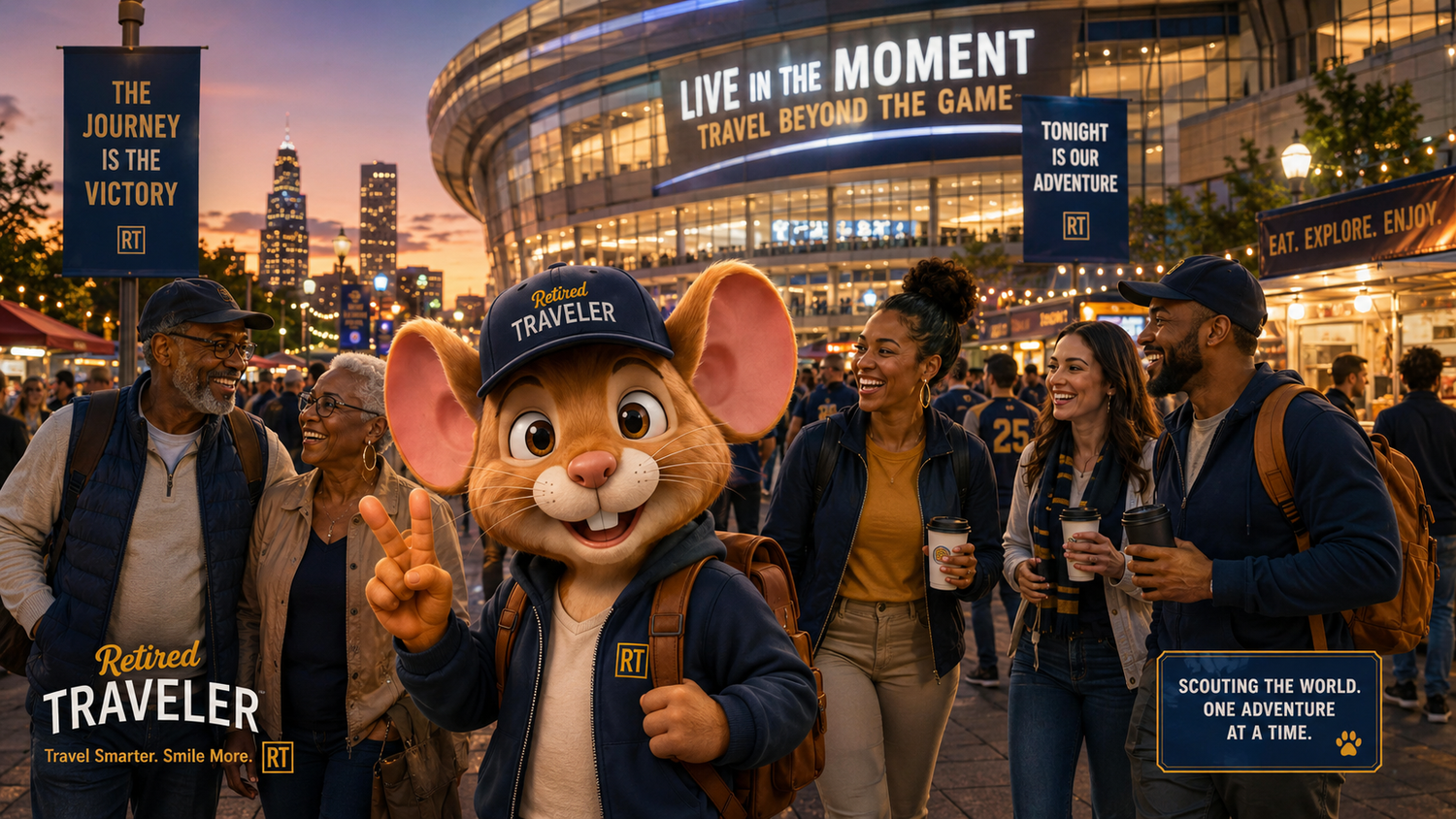 Scout the Mouse with diverse travelers outside a sports arena showing that sports travel is about the whole trip