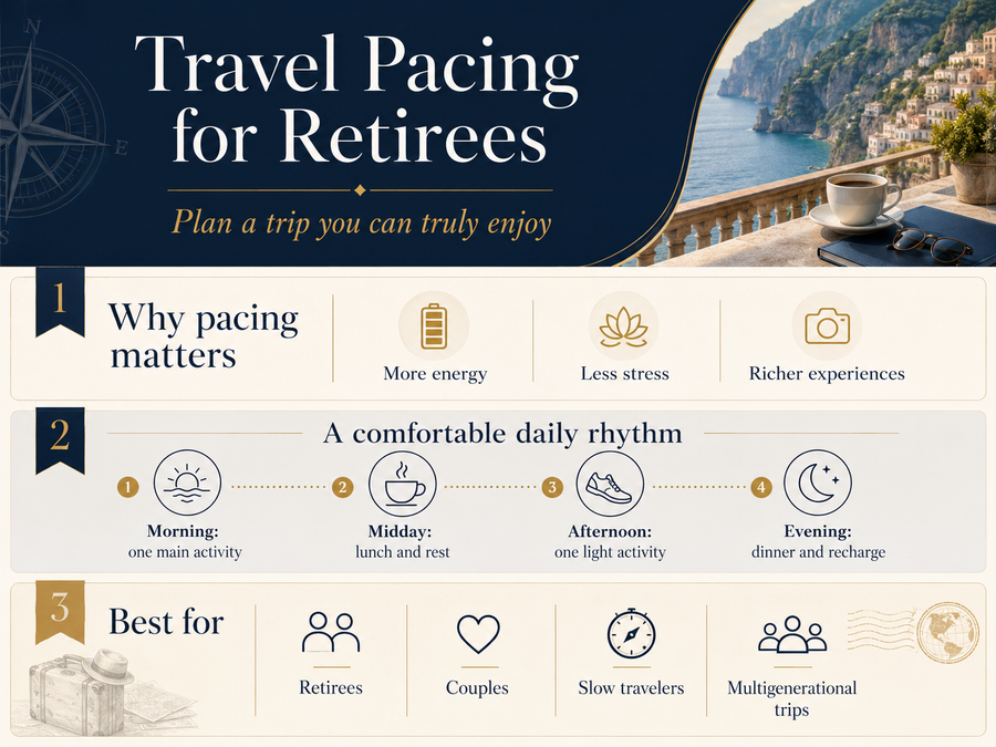 Travel pacing for retirees infographic showing why pacing matters and a comfortable daily rhythm