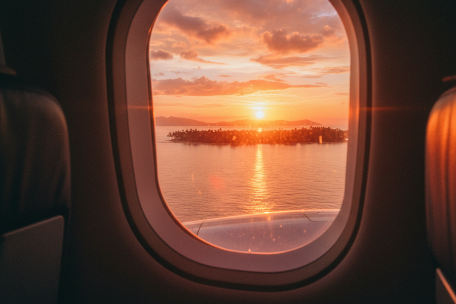 View from an airplane window over an island at sunset for a guide to airline ticket refunds and passenger rights