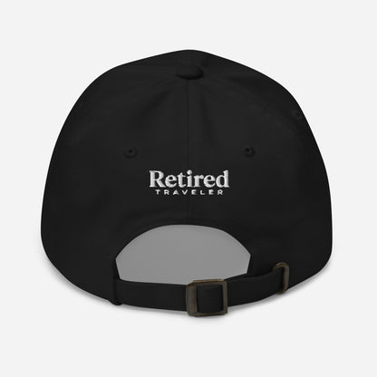 Black embroidered I’m Retired travel dad hat from Retired Traveler (Back)