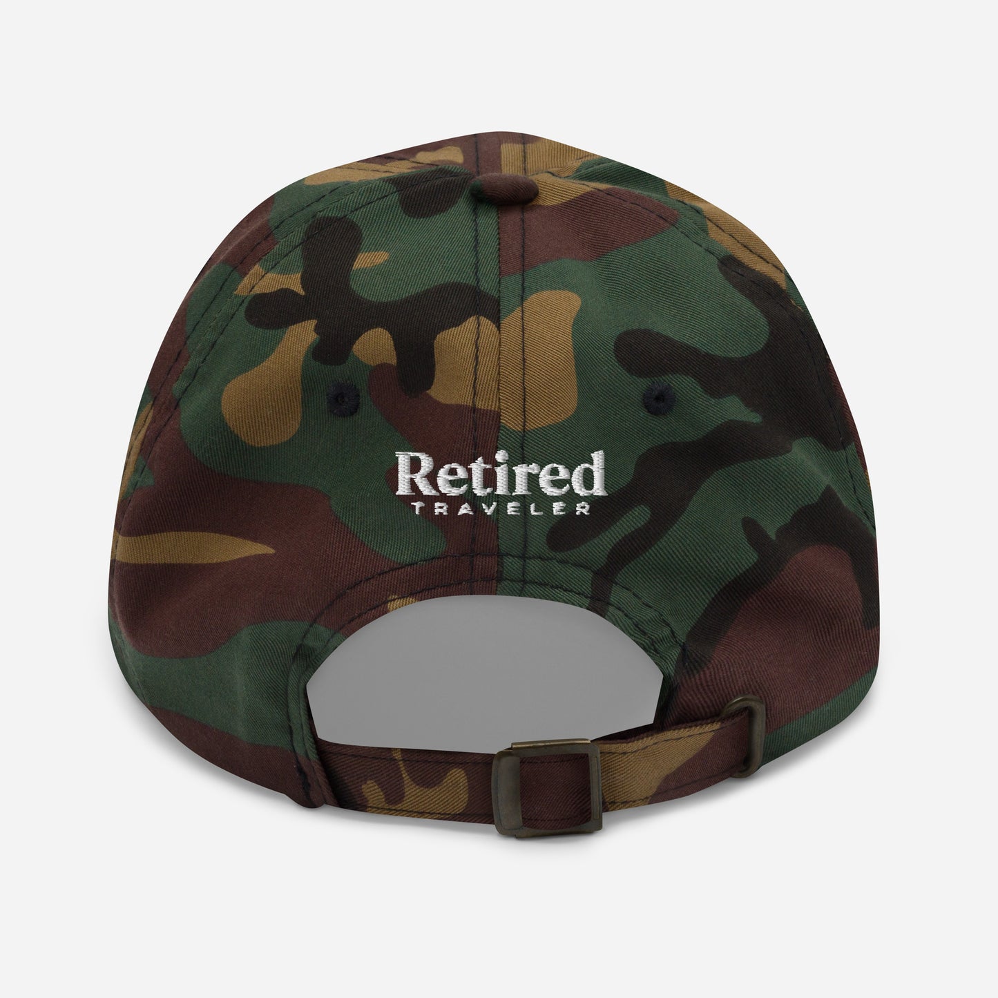 Camo embroidered I’m Retired travel dad hat from Retired Traveler (Back)
