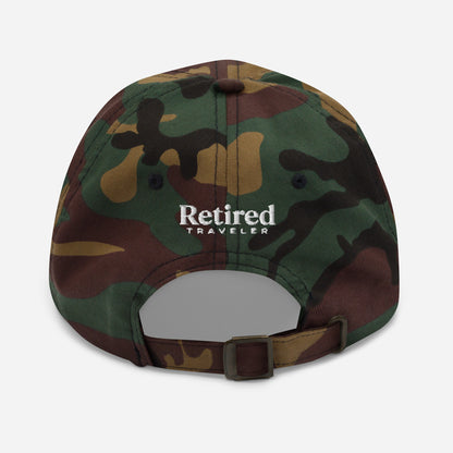 Camo embroidered I’m Retired travel dad hat from Retired Traveler (Back)