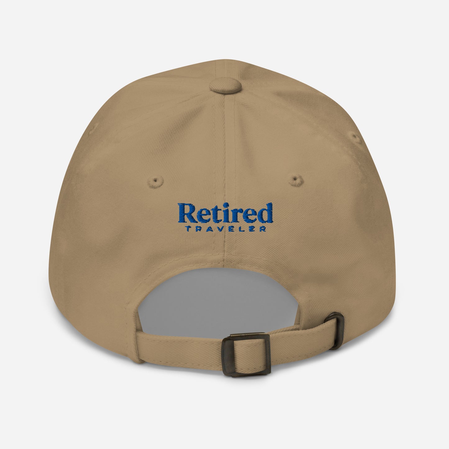 Khaki I’m Retired travel dad hat with royal blue embroidery from Retired Traveler (Back)