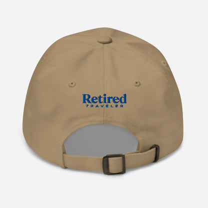 Khaki I’m Retired travel dad hat with royal blue embroidery from Retired Traveler (Back)
