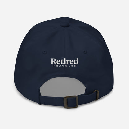 Navy embroidered I’m Retired travel dad hat from Retired Traveler (Back)