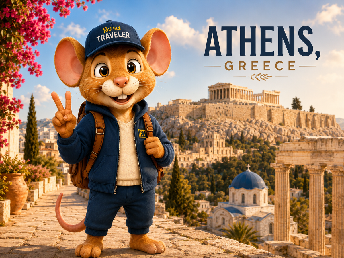 Premium Retired Traveler destination hero image for Athens, Greece with Scout in front of the Acropolis.