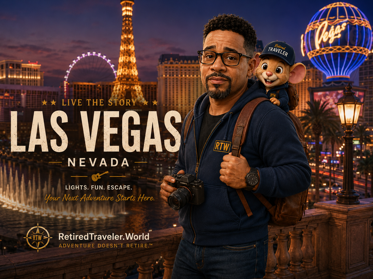 Premium Retired Traveler destination hero image for Las Vegas, Nevada with Strip lights, fountains, Cory, and Scout.