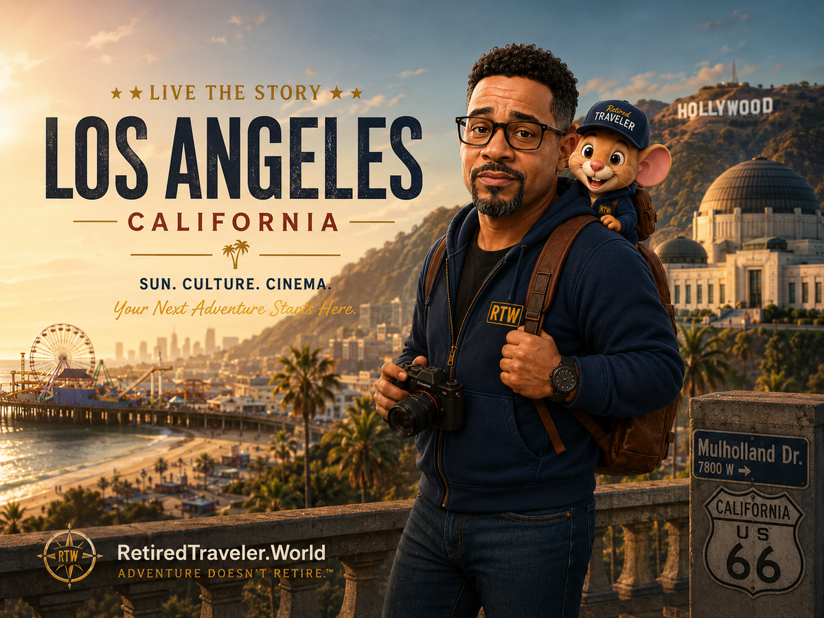 Premium Retired Traveler destination hero image for Los Angeles, California with Hollywood, Griffith Observatory, Cory, and Scout.