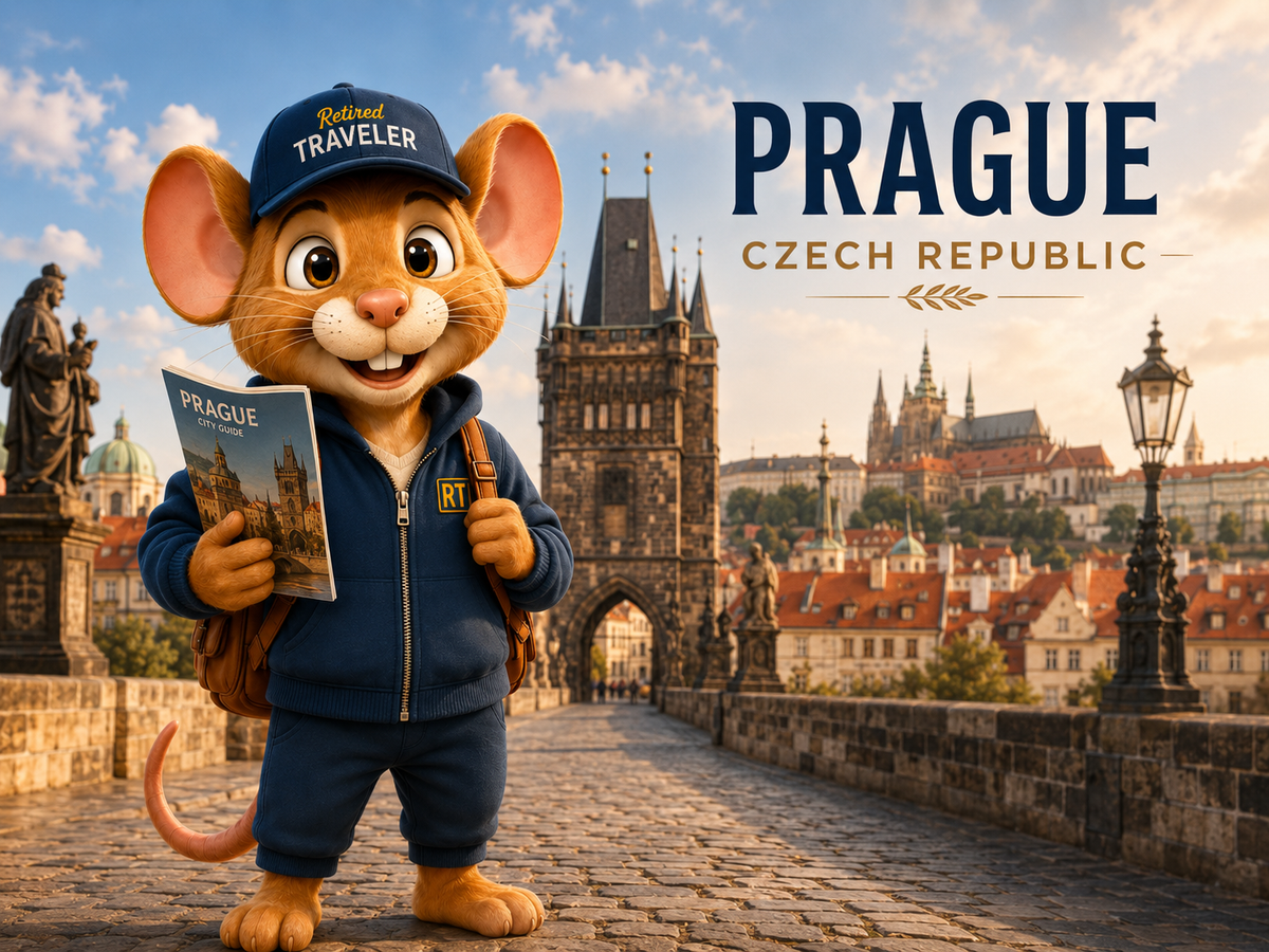 Premium Retired Traveler destination hero image for Prague, Czech Republic with Scout on Charles Bridge.
