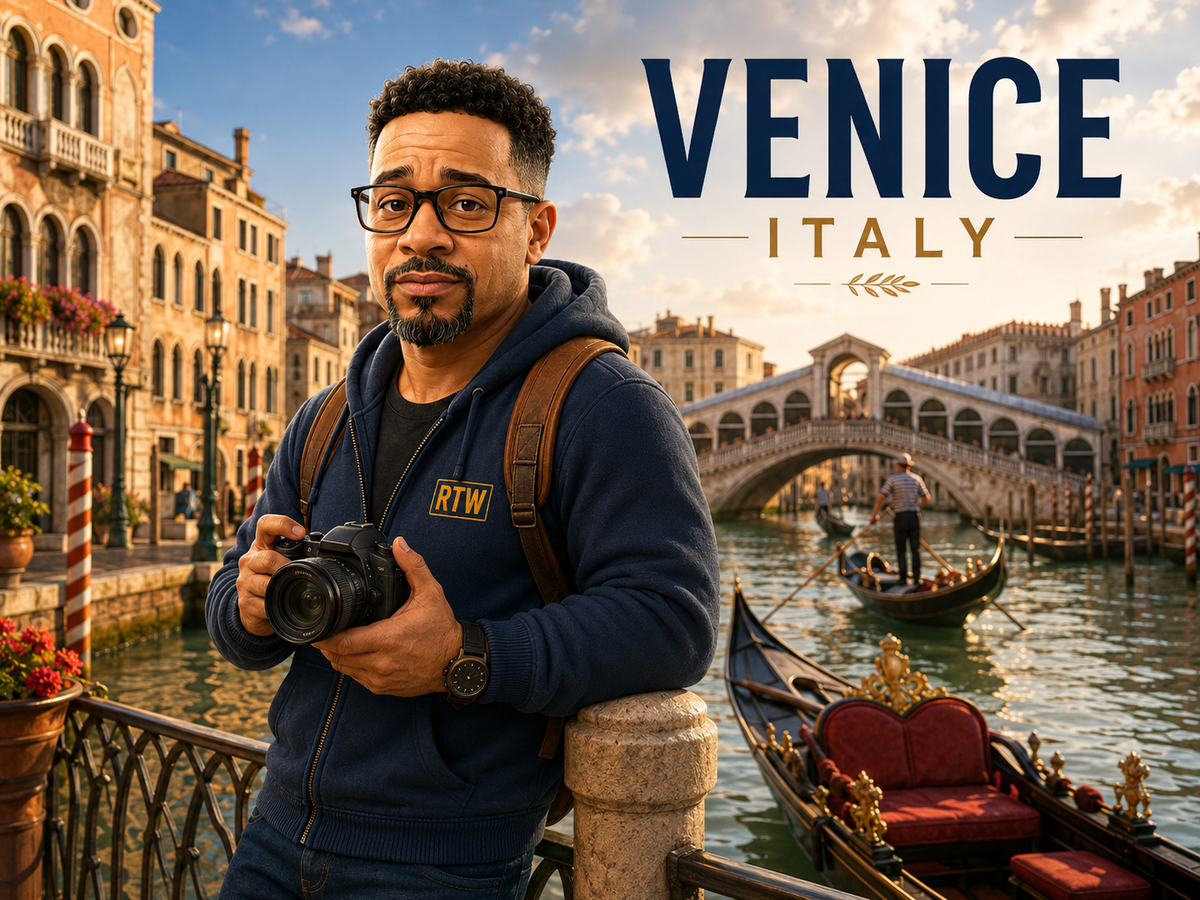 Premium Retired Traveler destination hero image for Venice, Italy with Cory near the canals.