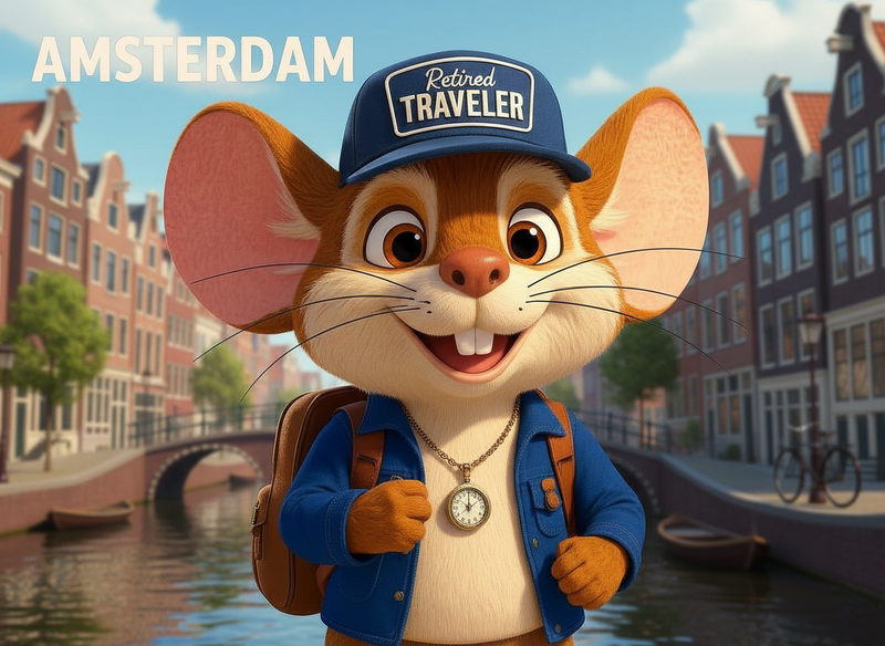 Scout the Travel Mouse in Amsterdam, Netherlands (illustration) with canal houses and a bicycle in the background