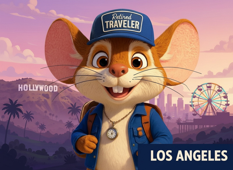 Scout the Travel Mouse in Los Angeles, California (illustration) with palm trees, Hollywood Hills, and iconic LA beach vibes in the background.