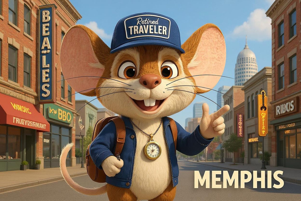 Scout the Travel Mouse in Memphis, Tennessee (illustration) with Beale Street signs in the background