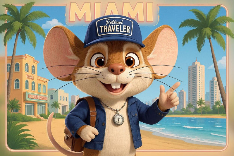 Scout the Travel Mouse in Miami, Florida (illustration) with a colorful city backdrop