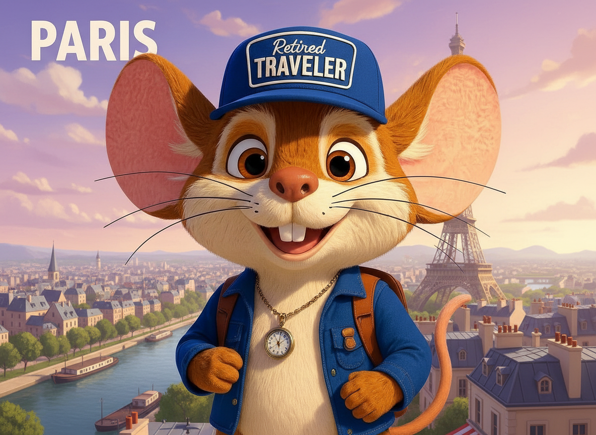 Scout the Travel Mouse in Paris, France (illustration) with the Eiffel Tower in the background