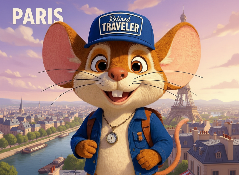 Scout the Travel Mouse in Paris, France (illustration) with the Eiffel Tower in the background